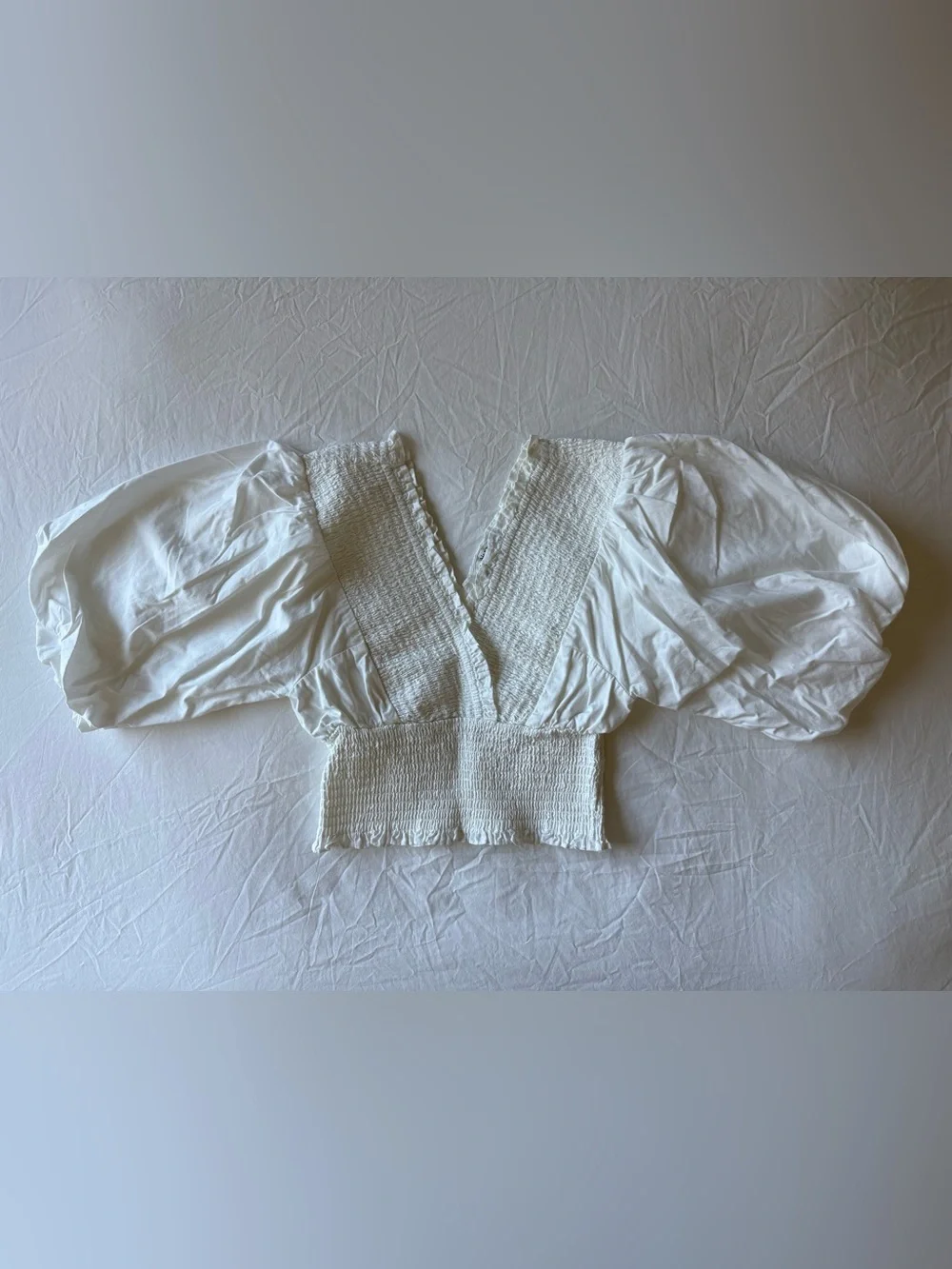 Abercrombie Smocked Poplin Puff Sleeve Top in White